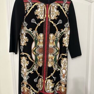 Zara Black Midi Dress with Gold, Green and Red Baroque Print